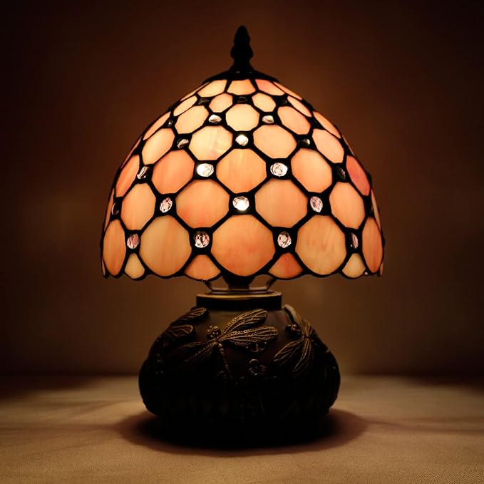 WERFACTORY Small Tiffany Lamp Desk Pink Stained Glass Pearl Bead Mushroom Table Lamp Bronze Mini Accent Lamp W8H11 Inch S005P Series