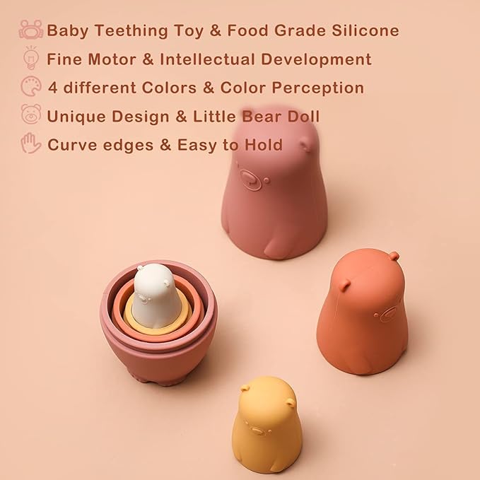 OESSUF 8 Pieces Silicone Nesting Dolls Russian Matryoshka Doll Easter Toys Montessori Educational Toy for Kid Boys Girls Bears Stacking Nesting Toys Set for Toddlers 3 Years Up