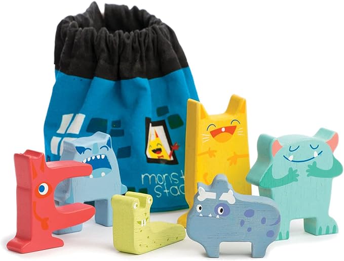 Tender Leaf Toys - Monster Stacker - Early Development Wooden Stacking Toy for Toddlers with Free Drawstring Bag - Convenience for Storage and Travel Play for Kids - Age 3+