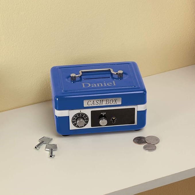 Custom Children’s Cash Box, Metal Piggy Bank Lockbox with Coin Slot, Blue