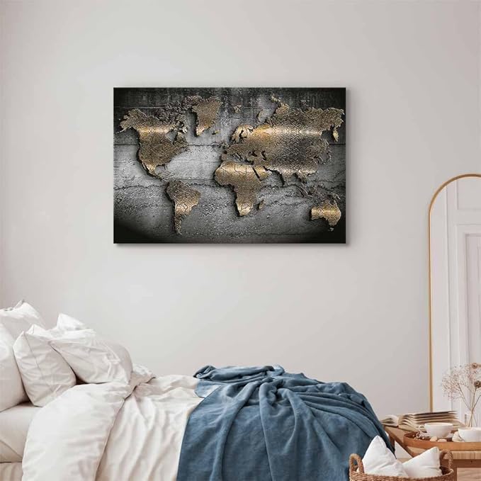 artgeist Canvas Wall Art Print World map 24x16 in - 1pcs Home Decor Framed Stretched Picture Photo Painting Artwork Image Prints map Continents Modern Art Black Gold Abstract k-A-0498-b-a