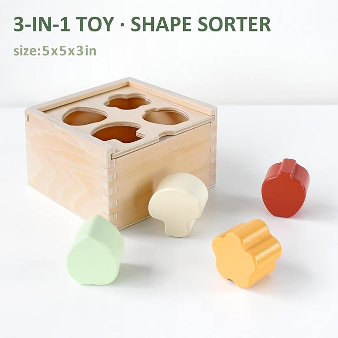 PairPear 3-in-1 Montessori Wooden Toy Set, Shape Sorter Cube, Stacking Tree & Farm Animal Puzzle, Natural Learning Toys for Toddlers 12M+