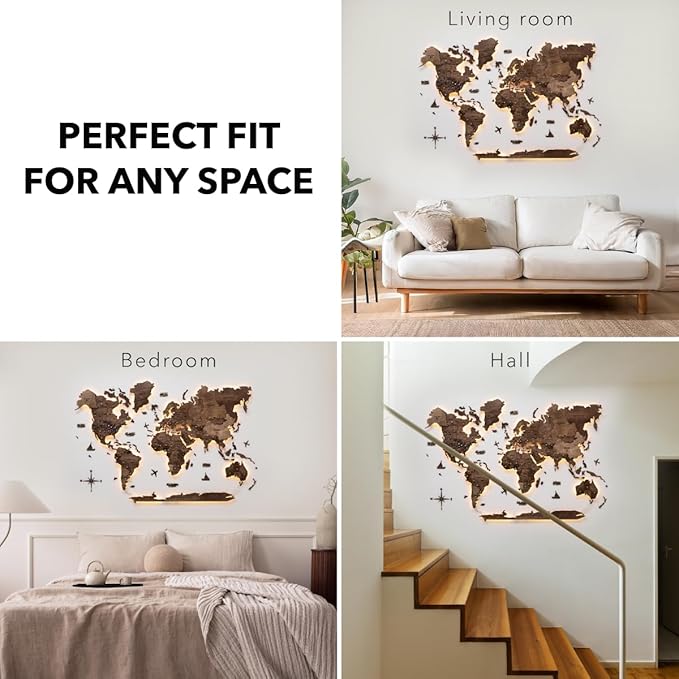 Enjoy The Wood 3D Wood World Map LED 3.0 Wall Art Modern Home Decor Gifts LED Lighting Wall Decor Housewarming Gift (Dark Walnut)