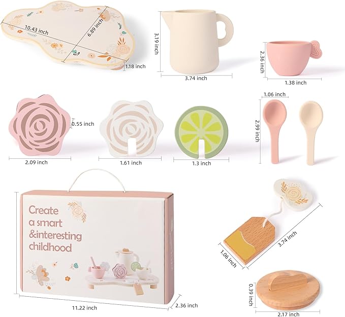 Wooden Tea Party Set for Little Girls Toddler, Princess Tea Cupcake Stand Food Dessert, Play Kitchen Accessories for Toddlers 3 4 5 6 Years Old, Wooden Toys Birthday Kids Girls Gifts 3-6