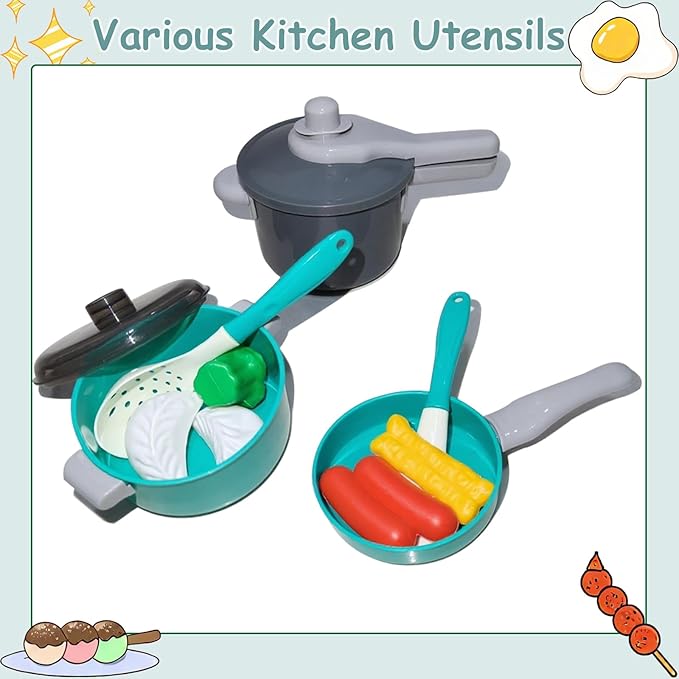 Kids Kitchen Toy Accessories, 61PCS Toddler Pretend Cooking Play Pots, Kitchen Playset, Play Pots, Pans, Utensils Cookware Toys, Play Food Set, Vegetables, Learning Gift for Girls Boys (Green)