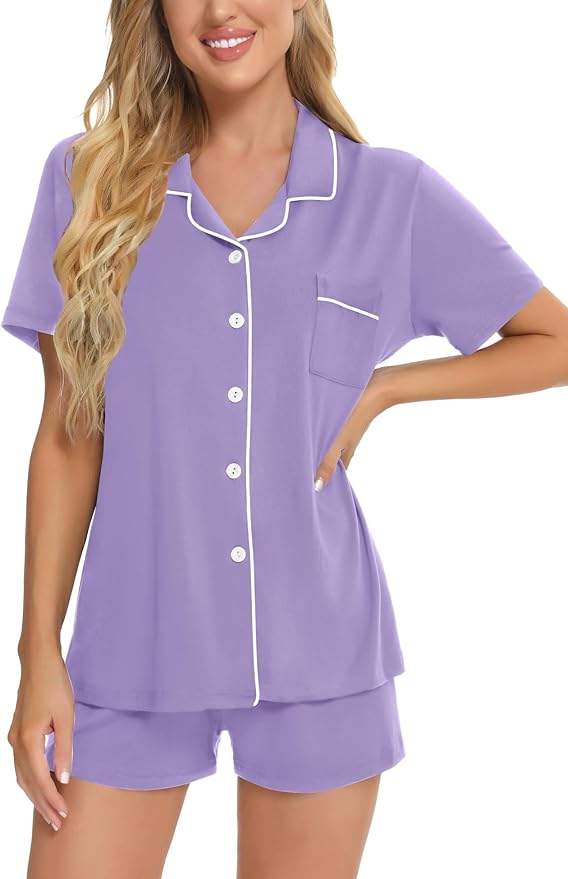 SWOMOG Womens Button Down Pajamas Set Short Sleeve Sleepwear Bride Soft Pj Lounge Sets XS-3XL