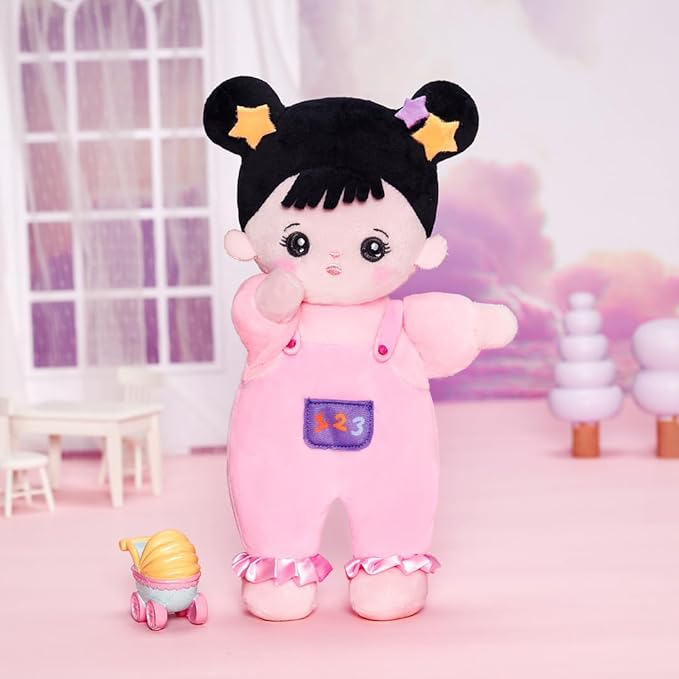 OUOZZZ 10" Soft Baby Doll for 1 Year Old Girl Gifts - Asian Doll Toys for 1 Year Old Birthday Christmas Plush Gift for Toddler Pink Straps Black Hair