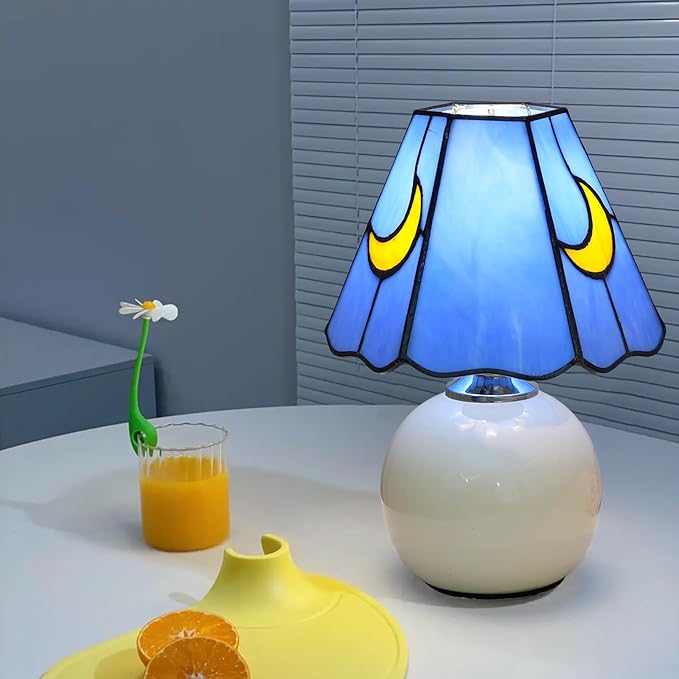 Mushroom Lamp Tiffany Stained Glass Moon lamp Cute Small Bedside Table Lamps for Living Room Home Decor,Girls Women Birthday Christmas Thanksgiving Day Gift,Blue