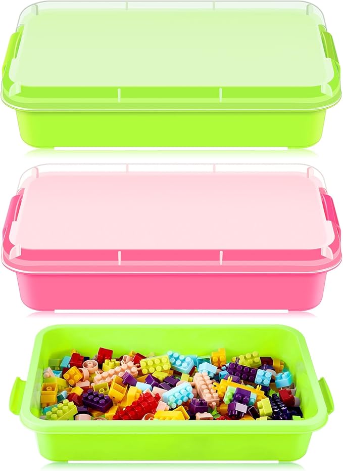 2 Pcs Sensory Bins Sand Tray with Lid, 15in Stackable Leak-Proof Plastic Sensory Tray for Sand & Water Play, Portable Bin for Kids 3 4 5 6, Easy Clean, Indoor Outdoor(Pink, Turquoise)