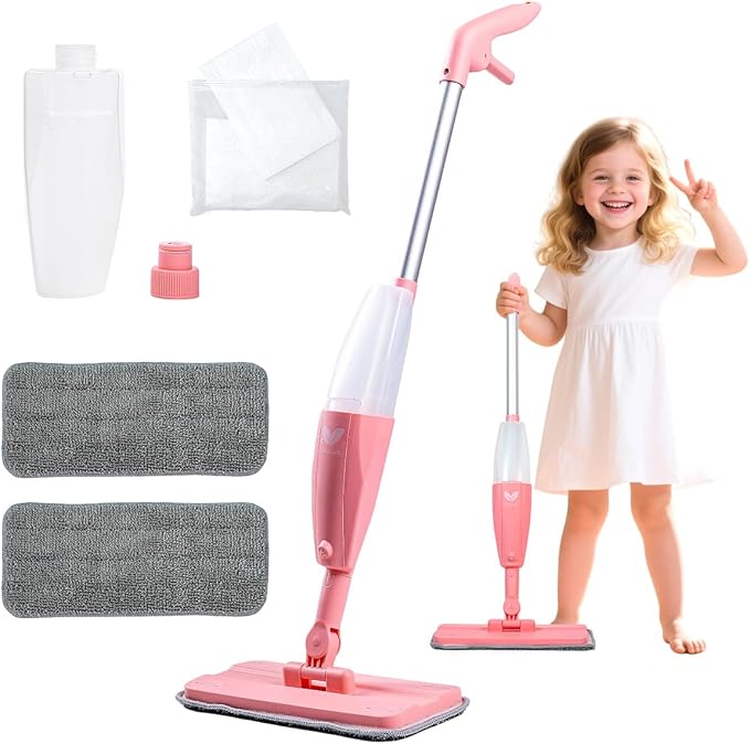 Kids Spray Mop, Pink Mini Mop Set with 2 Microfiber Washable Pads and 10 Disposable Dry Dusting Cloths, Dust Mop for Floor Cleaning, Small Mop for Toddlers Gift