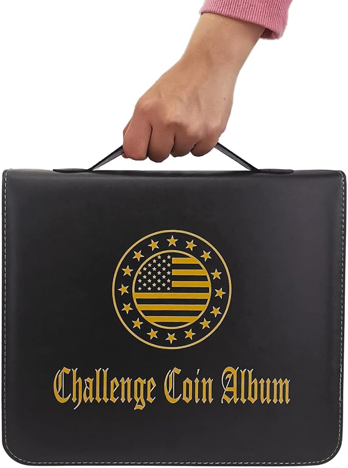 Challenge Coin Display Book Medals Holder for Collectors, 120 Pockets Large Military Coin Collecting Album with Zipper and Handle - Black