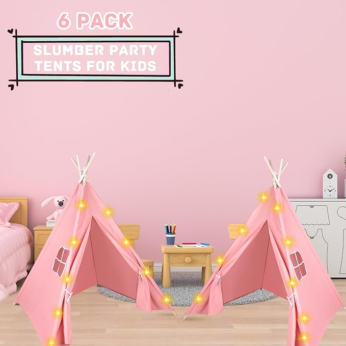 6 Packs Pink Teepee Tent for Kids with 10FT String Lights, Indoor Outdoor Play Teepee Tent for Girls & Boys, Foldable Tents for Birthday Party Boho Sleepovers Party Pajama Party