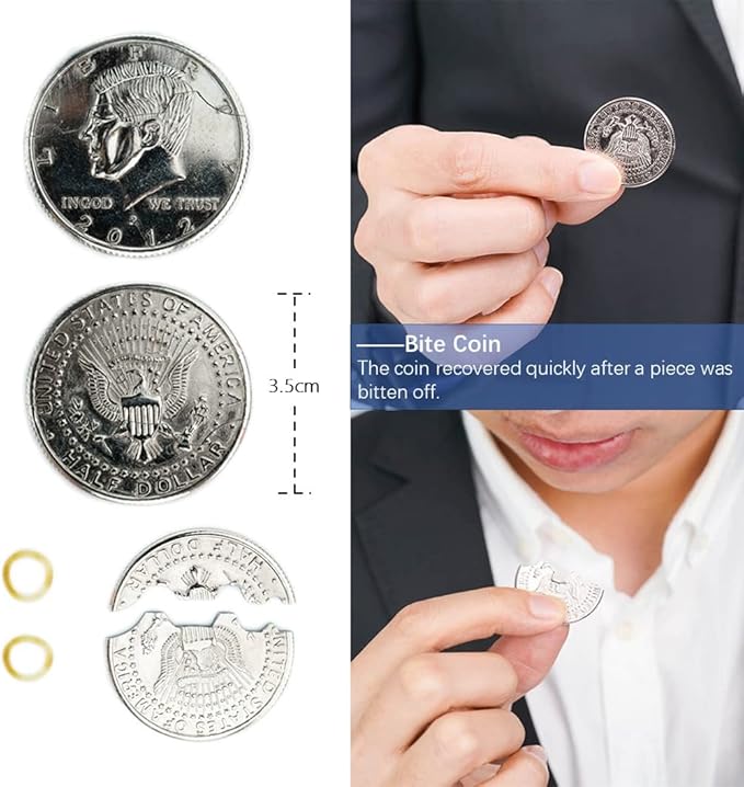 Neliky Magic Tricks Kit Including 6 Classic Tricks - Bite Coin, Color Change Silk, Disappearing Silk Fake Thumb,Magic Ring Chains,Magic Light Up Finger Thumb, Autorotation Rotating Nut