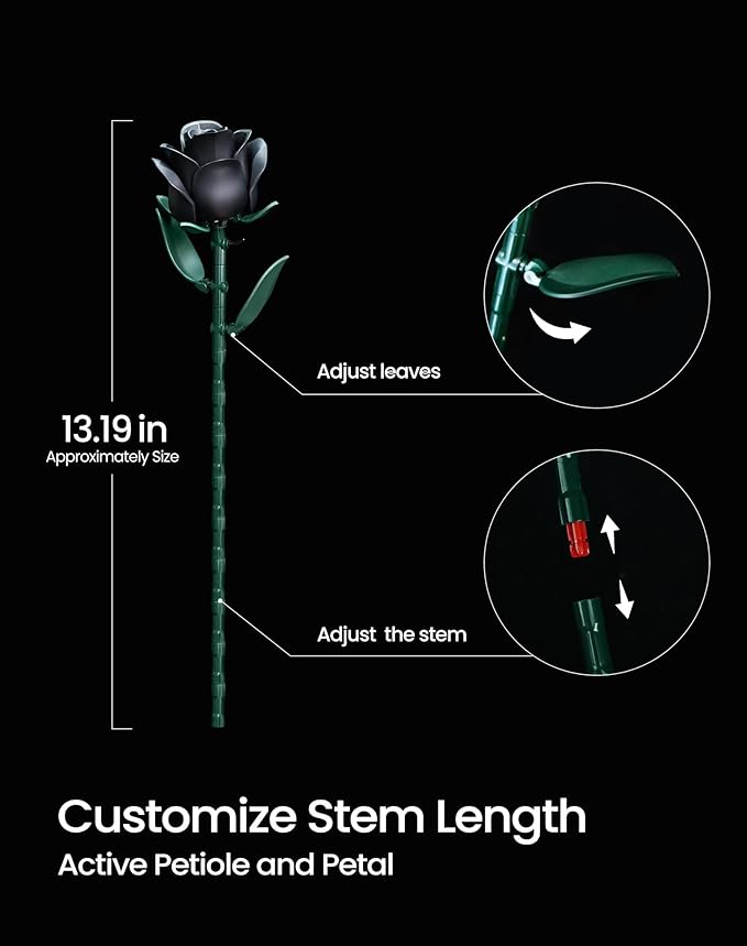 iATOM Black Rose Bouquet Building Set, Halloween Artificial Flowers Kit for Adults - Gothic Horror Retro Botanical Collection, Home Office Table Centerpiece Decor - IA11001