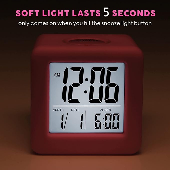 Plumeet Digital Alarm Clock Kids Clock with Snooze and White Nightlight - Easy Setting Travel Alarm Clocks Display Time, Date, Alarm - Ascending Sound - Battery Powered (Baby Pink)