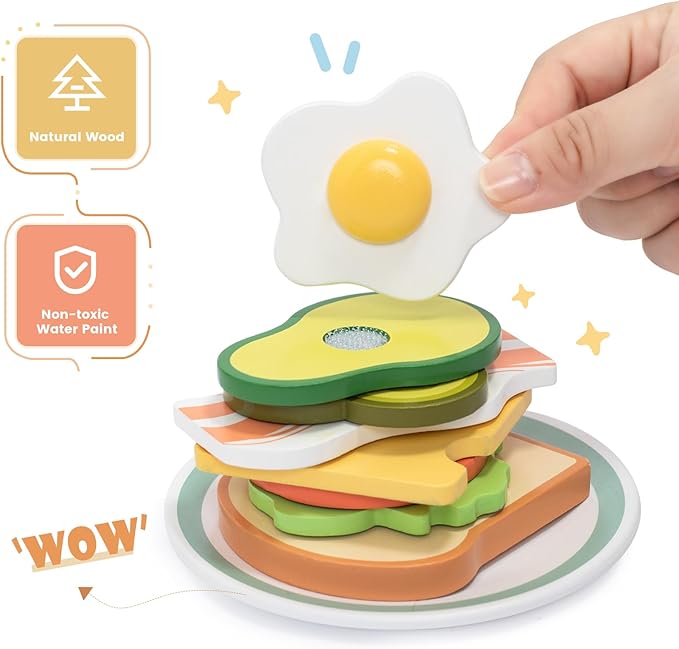 Wooden Pop up Toaster Play Kitchen Set, 17PCS Play Food Accessories for Toddlers Early Learning,Pretend Play Breakfast Playset, Toys Gift for Toddlers Girls & Boys