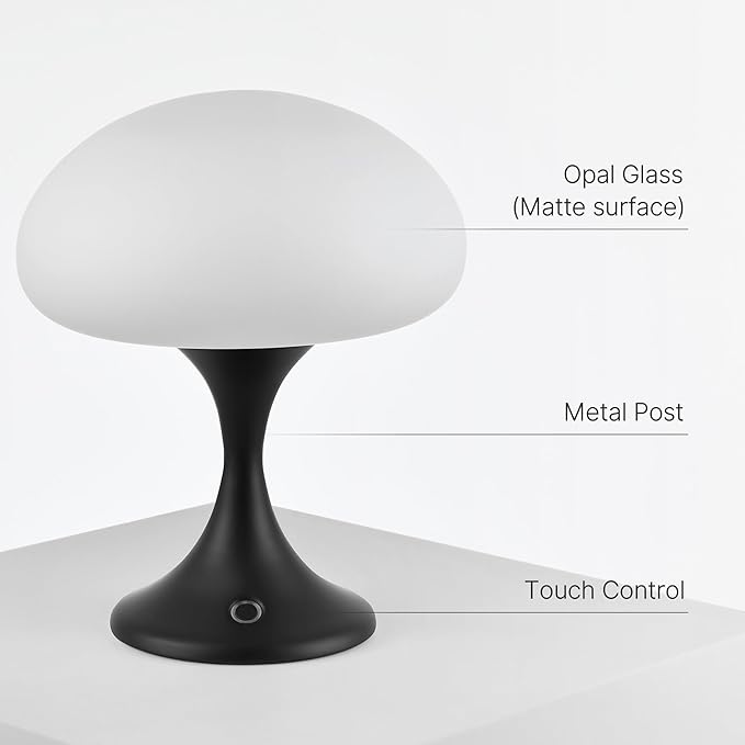 Mushroom Lamp, 5W LED Cordless Rechargeable Table Lamp with Glass Shade, Small Retro Dimmable Touch Light with 3 Color Temps, Aesthetic Mid Century Bedside Light for Bedroom Ambient, Black