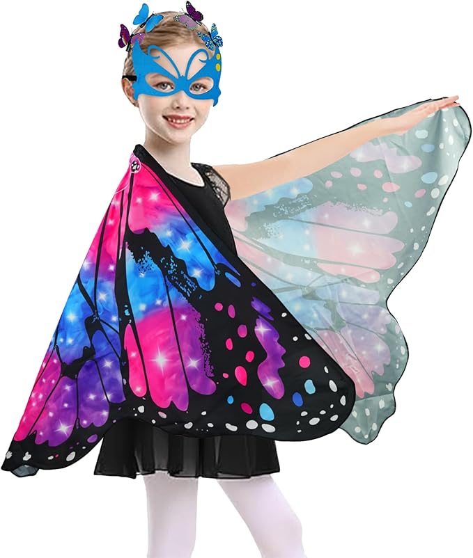 Butterfly Costume for Girls Fairy Wings Kids 4 Pcs(Cape,Skirts,Masks,Hair Clips) Butterfly Wings for Halloween Gifts