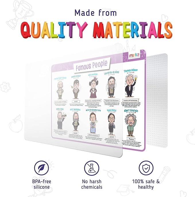 merka Kids Placemats Set of 4-17 x 11 in, Silicone - Periodic Table Placemats for Kids, US Presidents Placemat & US Map Placemat