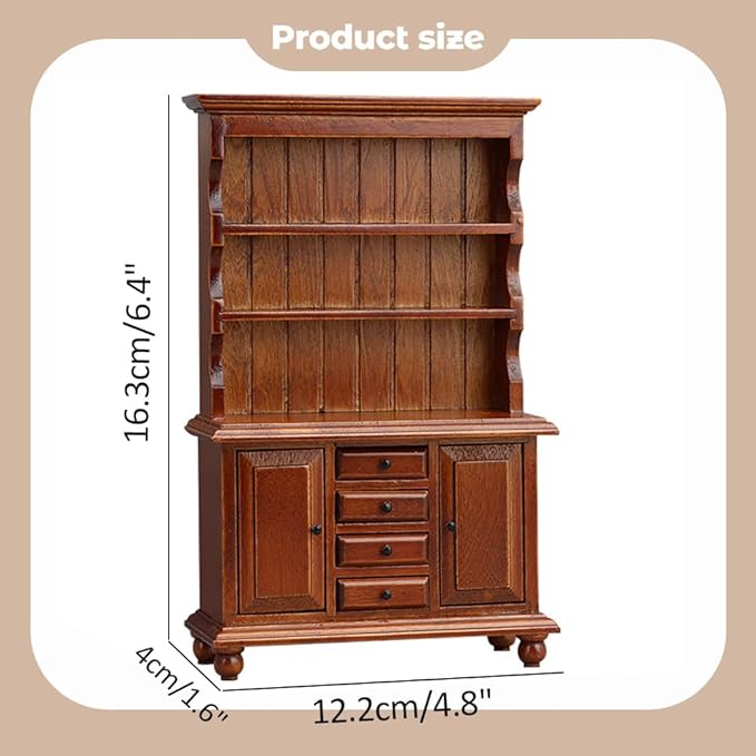 Dollhouse Furniture, Doll Display Cabinet with Drawers 1:12 Scale Miniature Dollhouse Vintage Wooden Bookcase Mini Bookshelf Living Room Dolls & Accessories DIY Decorations for Girls and Boys