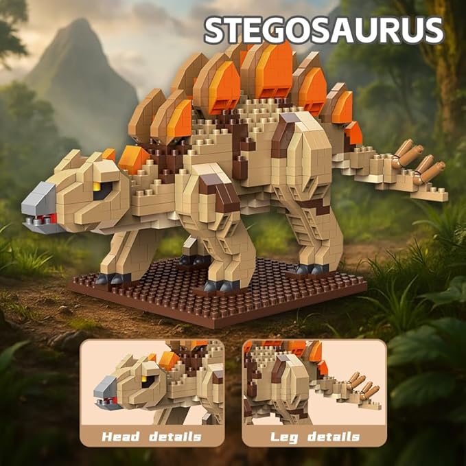 Jurassic Dinosaur Micro Building Blocks, 900pcs Stegosaurus Tyrannosaurus Rex DIY Mini Diamond Blocks Bricks Toy for Boys Age 8-12 14+ Teens Adults