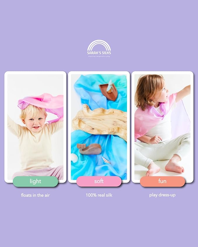 Sarah's Silks - Set of 2 Mini Playsilks, 100% Silk 21" Square Scarf for Dance, Movement and Pretend Play - Blossom and Sea