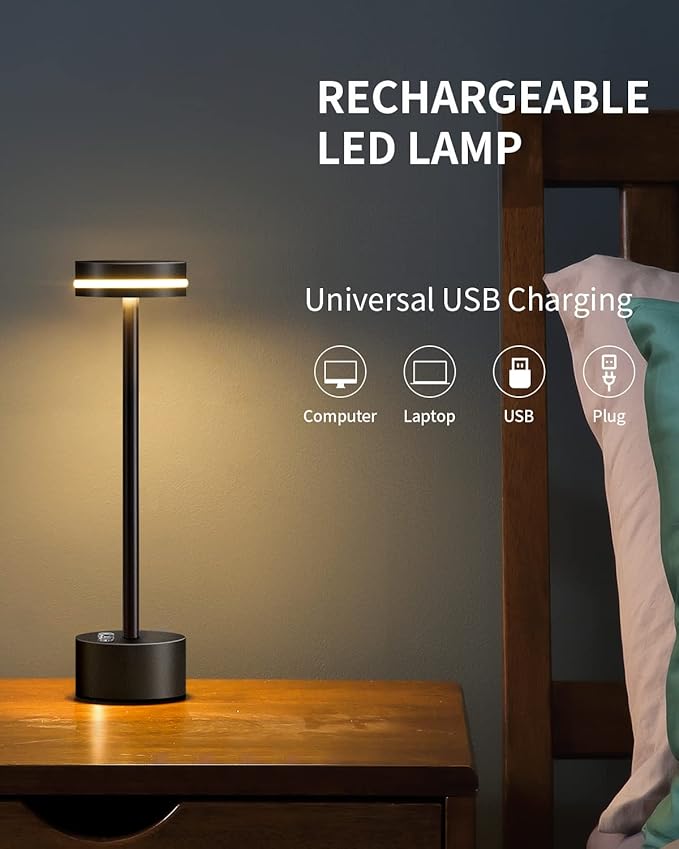 PUSU Portable Table Lamp Battery Powered LED Lamp Cordless Table Lights 3-Level Brightness Touch Control,for Home Office Bedroom Hotel Room Restaurant Outdoor(Black)