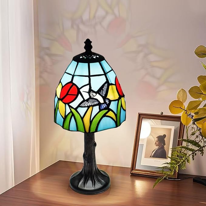 Tiffany Style mini Table Lamp-Stained Glass Hummingbird with Tulip Design Table or Desk Light LED Bulb Included-Vintage Look Colorful Accent Decor