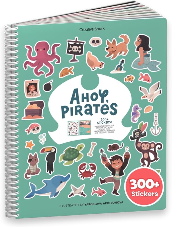 Cupkin Pirate Sticker Book Activity for Kids, Toddler Airplane Travel Essentials, 300+ Pirate Stickers for Kids + 8 Scenes + 8 Coloring Book Pages, Gift for Boys and Girls, Small Sticker Book