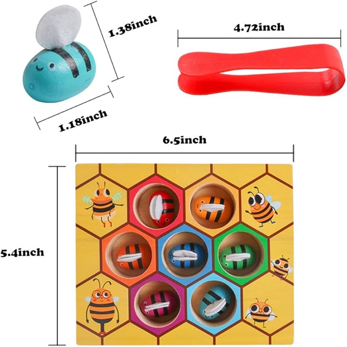 Toddler Fine Motor Skill Toy, Clamp Bee to Hive Matching Game, Montessori Wooden Bee Hive Toys, Wood Color Sorting Puzzle Early Learning Preschool Educational Gift for 3 4 5 Years Old Kids