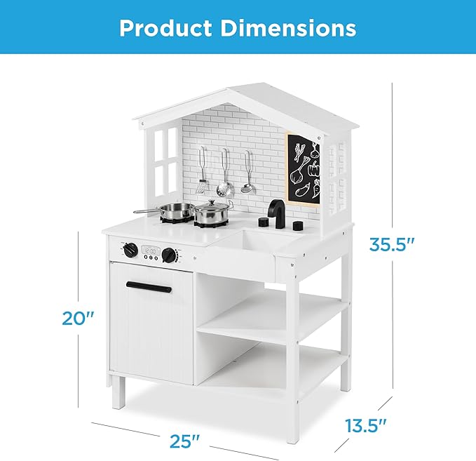 Best Choice Products Farmhouse Play Kitchen Toy, Wooden Pretend Set for Kids w/Chalkboard, Marble Backdrop, Windows, Storage Shelves, 5 Accessories Included - White