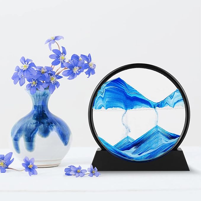 Moving Sand Art Picture - 3D Quicksand Painting Decor - Round Glass 3D Deep Sea Sandscape - Relaxing Home Decoration Desk Toys for Home Office Desk Mantle Bookshelf- (Blue, 12 in)