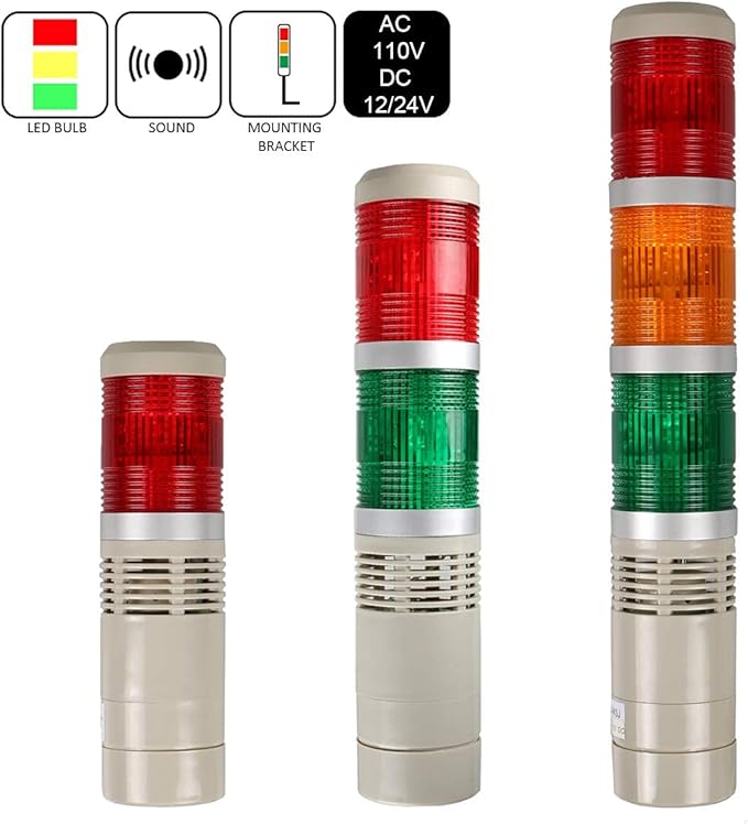 Industrial Signal Tower, Column LED Alarm Tower with Buzzer - 3-Layer Stack LED Warning Light for Safety (DC 12V/Sound/Steady ON)
