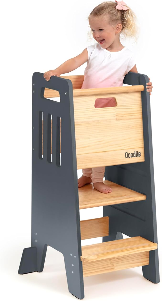 OCODILE Toddler Tower with a Sliding Door and 3 Adjustable Heights - Complete Toddler Kitchen Stool Helper with Support Feet - Safe Design for 18+ Months to 6-Year-Old Kids - Gray