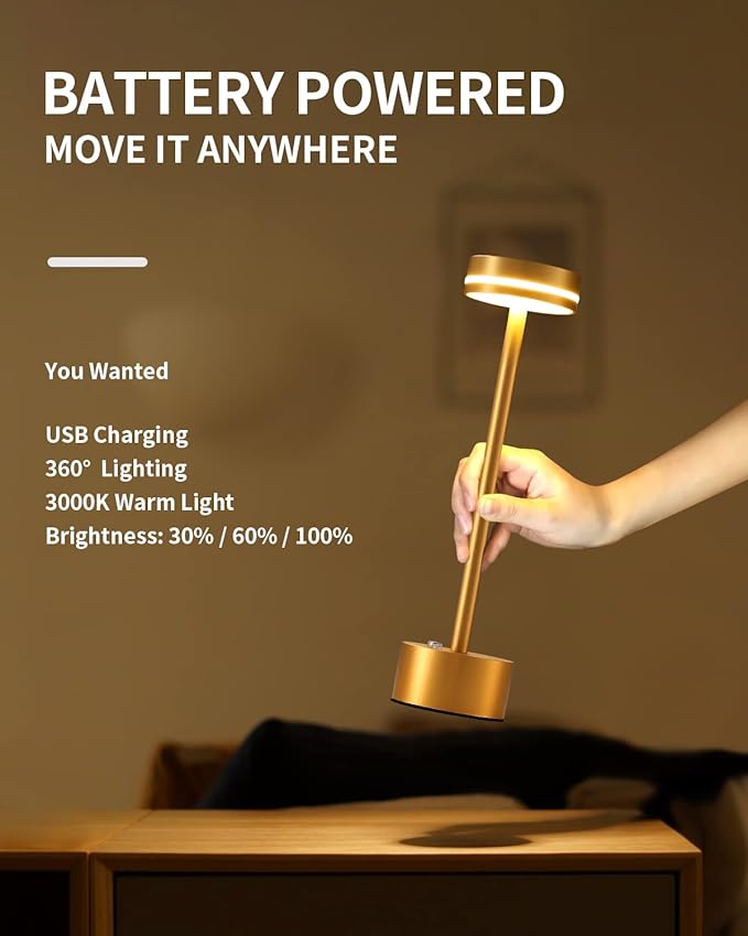 PUSU Cordless Table Lamp Set of 2, Battery Powered LED Desk Lamp Portable Table Lights 3-Level Brightness Touch Control, Lighting for Home Office Bedroom Hotel Restaurant Outdoor Night Light(Gold)