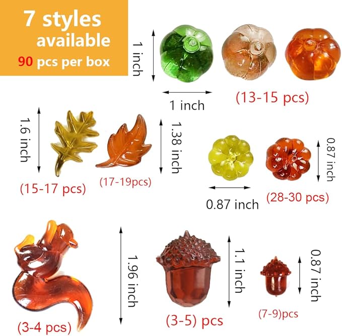 HappyFiller Fall Vase Filler Decorative Acrylic Pumpkin Squirrel Acorn Leaves Gems 7 Styles 90 PCS for Party Table Scatters,Harvest Thanksgiving Decoration,Home Decor Accents,Sensory Bin Fillers