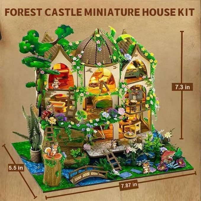 DIY Miniature House Kit, Tiny House Kit with Furniture & LED, DIY Wooden Dollhouse Miniature Kit for Adults Teen, Wooden Crafts Lovely Dollhouse Kit, Forest Castle