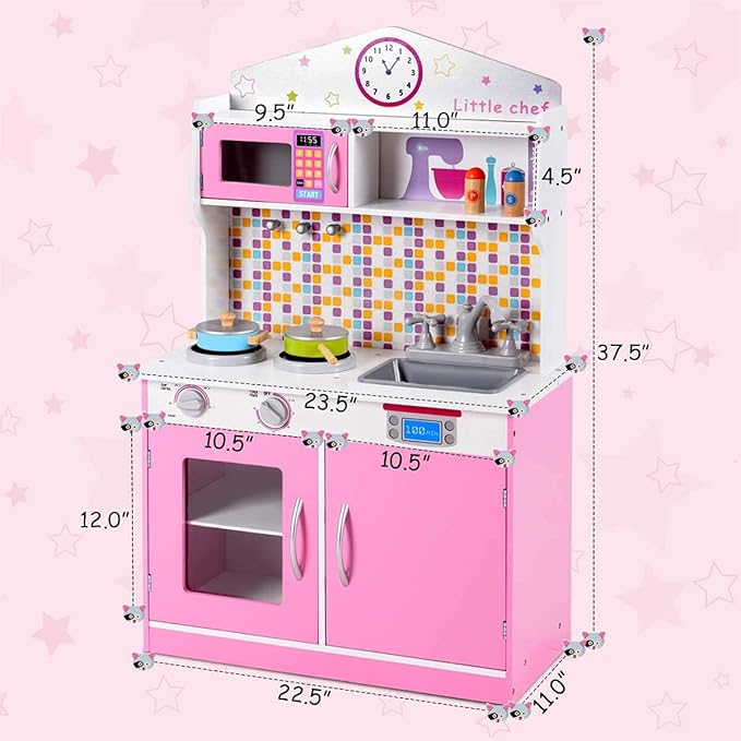 GLACER Kids Kitchen Playset, Wooden Pretend Cooking Set w/Removable Sink, Food & Cookware Accessories, Top Display Shelf, Play Kitchen Toy Set, Realistic Cooking for Toddlers (Pink)
