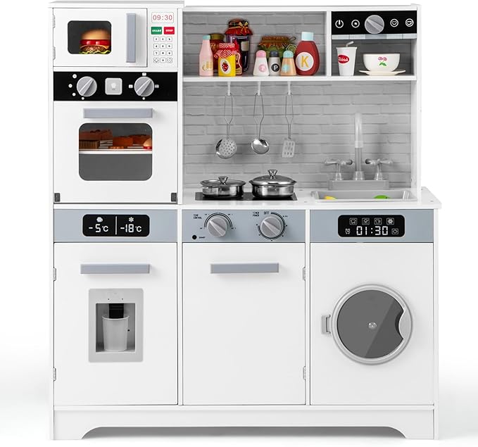 Costzon Kids Kitchen Playset, Wooden Toddler Play Set w/Real Lights & Sounds, Sink, Faucet, Water Dispenser, Microwave, Oven, Washing Machine, Little Chef Pretend Play Kitchen for Kids Ages 3+