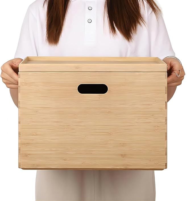 BAMOTTO Lidded Bamboo Storage Bins & Box/Cube/Basket, Home Kitchen and Office Storage Boxes with Handles & Stackable for Organizer Tableware, Crafts, Office Shelf Books, Large, 14.6”x10.2”x9.6”
