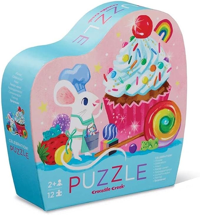 Crocodile Creek 12-Piece Mini Jigsaw Puzzle - Fun Floor Puzzles for Kids Ages 2-4 and Up - Heavy-Duty Shaped Box for Storage - Celebration with Birthday Cupcake and Mouse - 12" x 9" Finished