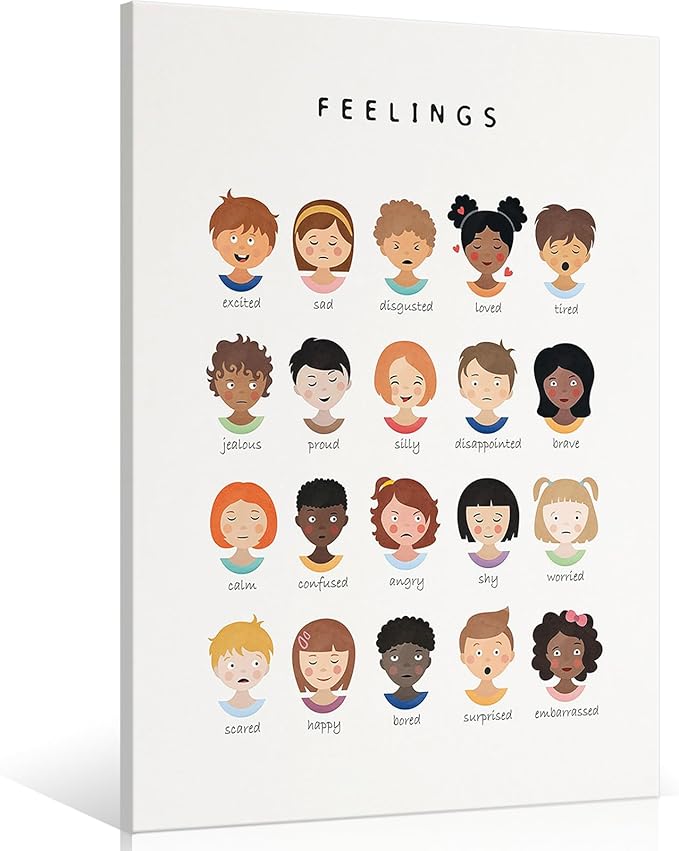 uoyien Feelings Chart And Emotions Poster For kids Mental Health Awareness Canvas Wall Art Special Emotions Faces Calm Corner Prints Classroom Social Worker Office Decor 12x16in Wood Framed