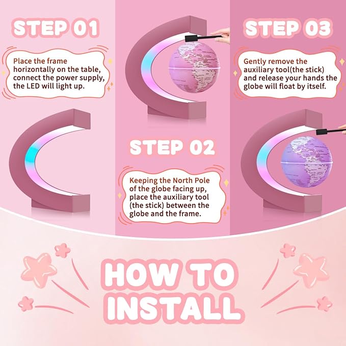 Magnetic Levitating Floating Globe Multi-color Changing Self-rotating with LED Lights, Desktop Decorative Globe, Cool Tech Gifts for Ladies/Mothers/Wives/Girlfriends/ (Pink)