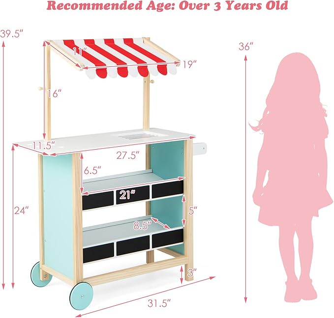 HONEY JOY Kids Ice Cream Cart, Wooden Grocery Store Playset w/6 Pieces Play Food, Realistic Bell & Food Scale, Chalkboard, Pretend Play Dessert Shop Counter Stand Truck, Gift for Boys Girls