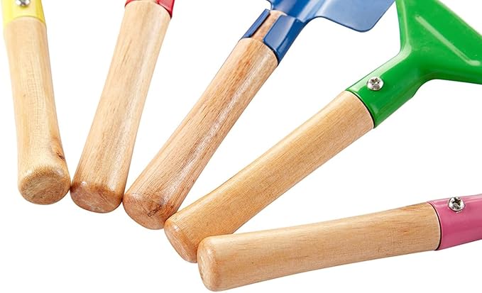 Kids Gardening Tools Set, 5PCS Gardening Tools for Kids Metal with Sturdy Wooden Handle Safe Gardening Tools 8" Children Beach Sandbox Toy