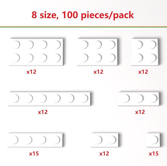 100 Pieces Classic Building Plate Assortment Pack, 8 Sizes Small Baseplates Multipacks, Compatible with Lego Parts and Pieces, Small Plate for Building(Color:White)
