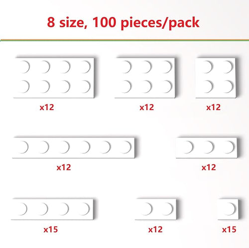 100 Pieces Classic Building Plate Assortment Pack, 8 Sizes Small Baseplates Multipacks, Compatible with Lego Parts and Pieces, Small Plate for Building(Color:White)
