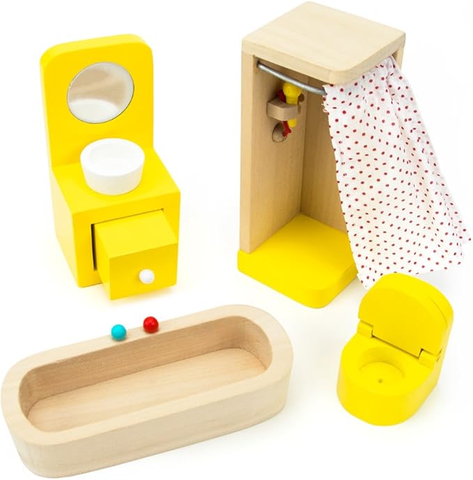 Wooden Dollhouse Furniture|Made of Safe Wood and Bright Water-Based Paint|Compatible with Most Doll Houses|Bathroom