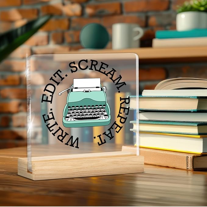 Writer Gifts for Men Women, Funny Gifts for Writers Editors Typewriter Authors Novelist, Acrylic Plaque Sign with Wooden Stand Home Office Decor