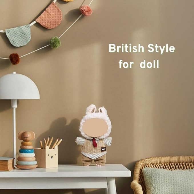 17cm/15cm Doll Clothes,2 Piece British Style Set: Knitted Sweater and Beige Shorts, Preppy Retro Doll Fashion Accessories